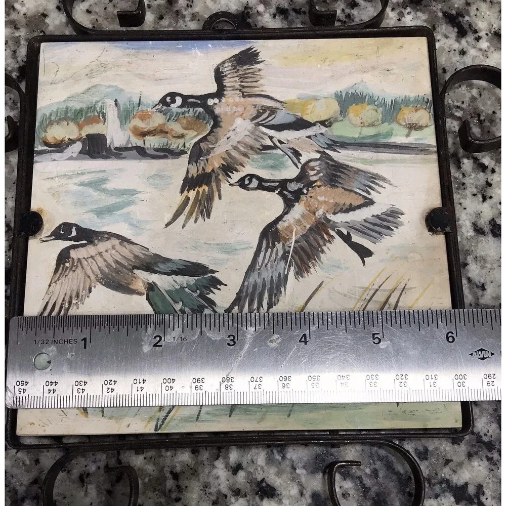 Vintage Geese Birds Tile Trivet Plaque Hand Paint Metal Scroll Frame Cabin Core